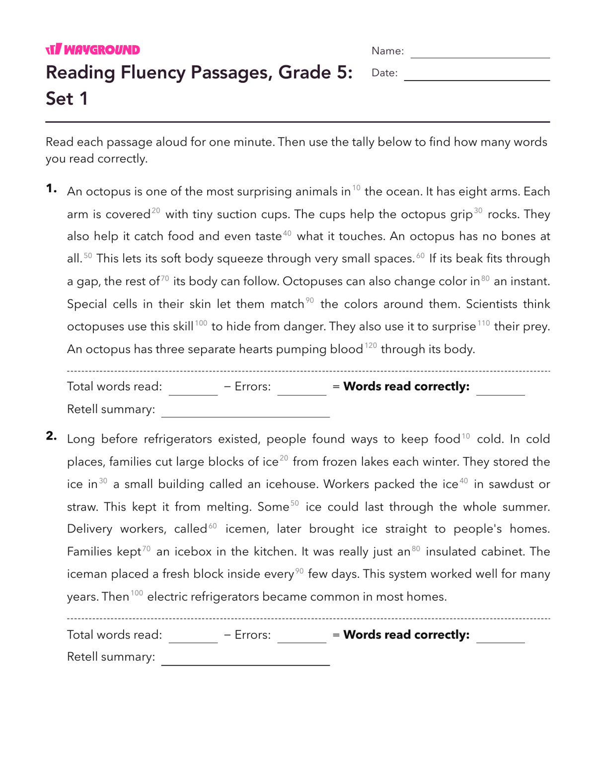Reading Fluency Passages, Grade 5: Set 1 - Imprimible Fluidez-de-lectura Hojas-de-trabajo Grado 5 - Wayground