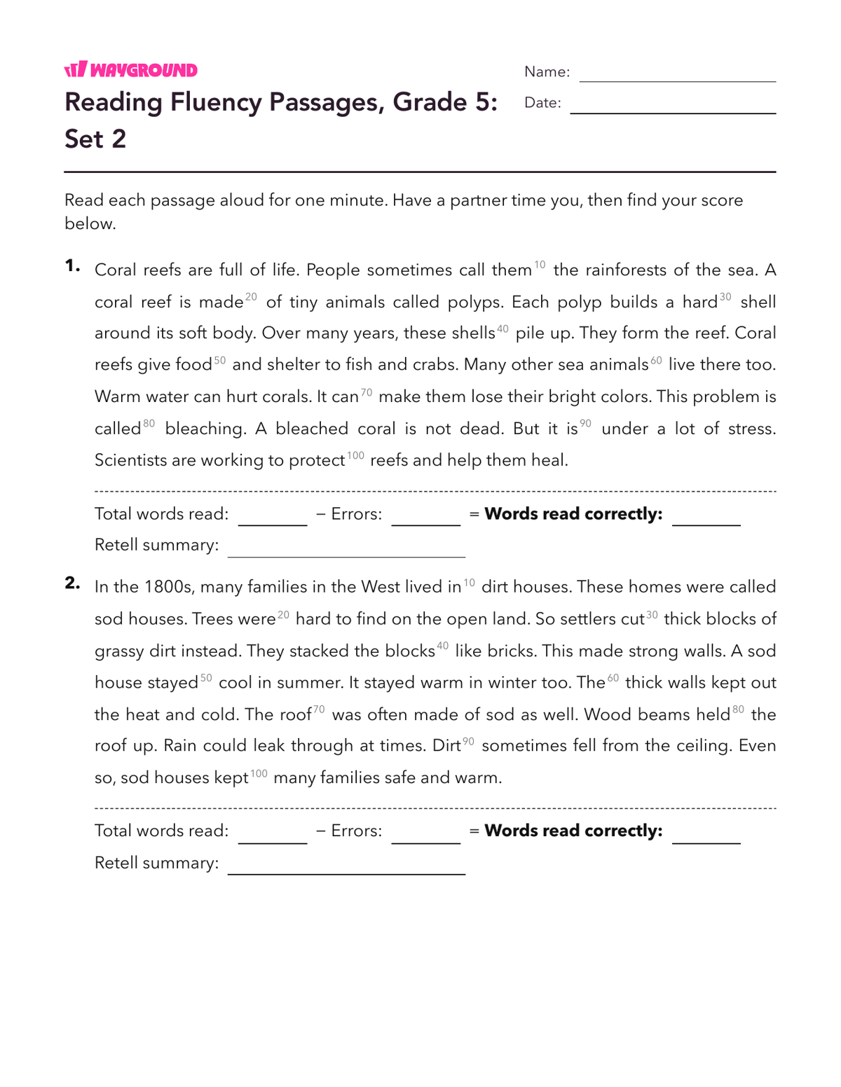 Reading Fluency Passages, Grade 5: Set 2 - Imprimible Fluidez-de-lectura Hojas-de-trabajo Grado 5 - Wayground