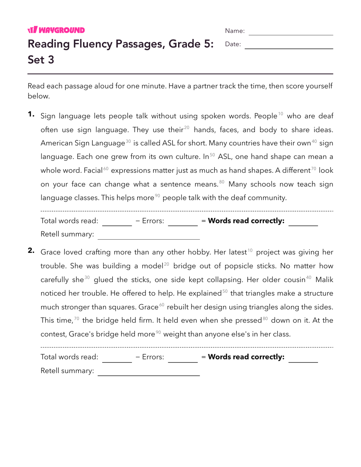 Reading Fluency Passages, Grade 5: Set 3 - Imprimible Fluidez-de-lectura Hojas-de-trabajo Grado 5 - Wayground