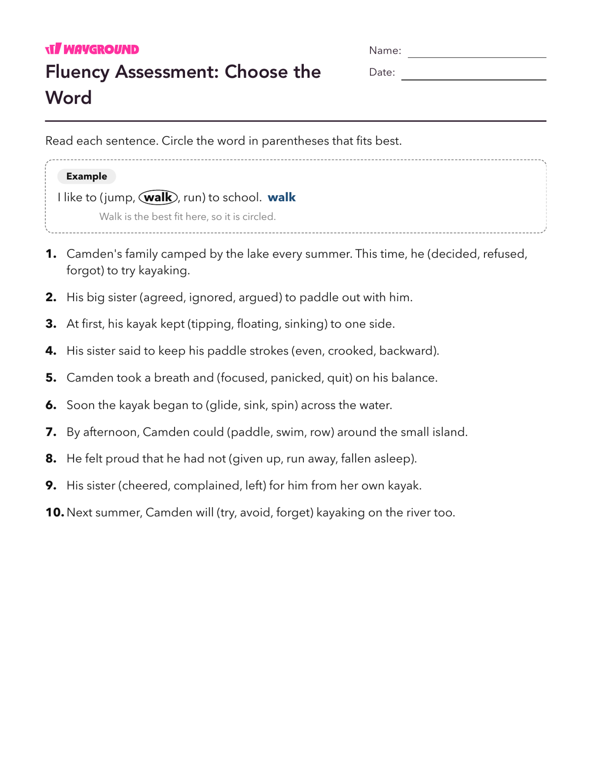 Fluency Assessment: Choose the Word - Imprimible Fluidez-de-lectura Hojas-de-trabajo Grado 5 - Wayground