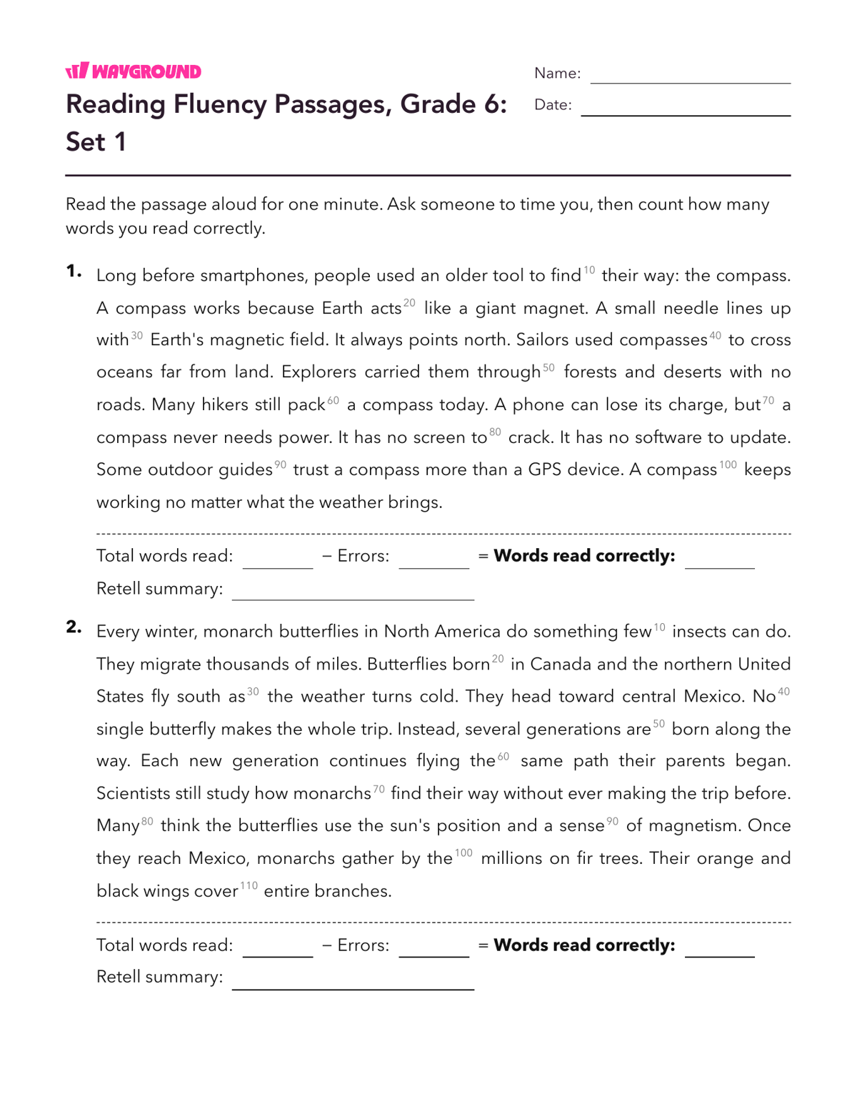 Reading Fluency Passages, Grade 6: Set 1 - Imprimible Fluidez-de-lectura Hojas-de-trabajo Grado 6 - Wayground