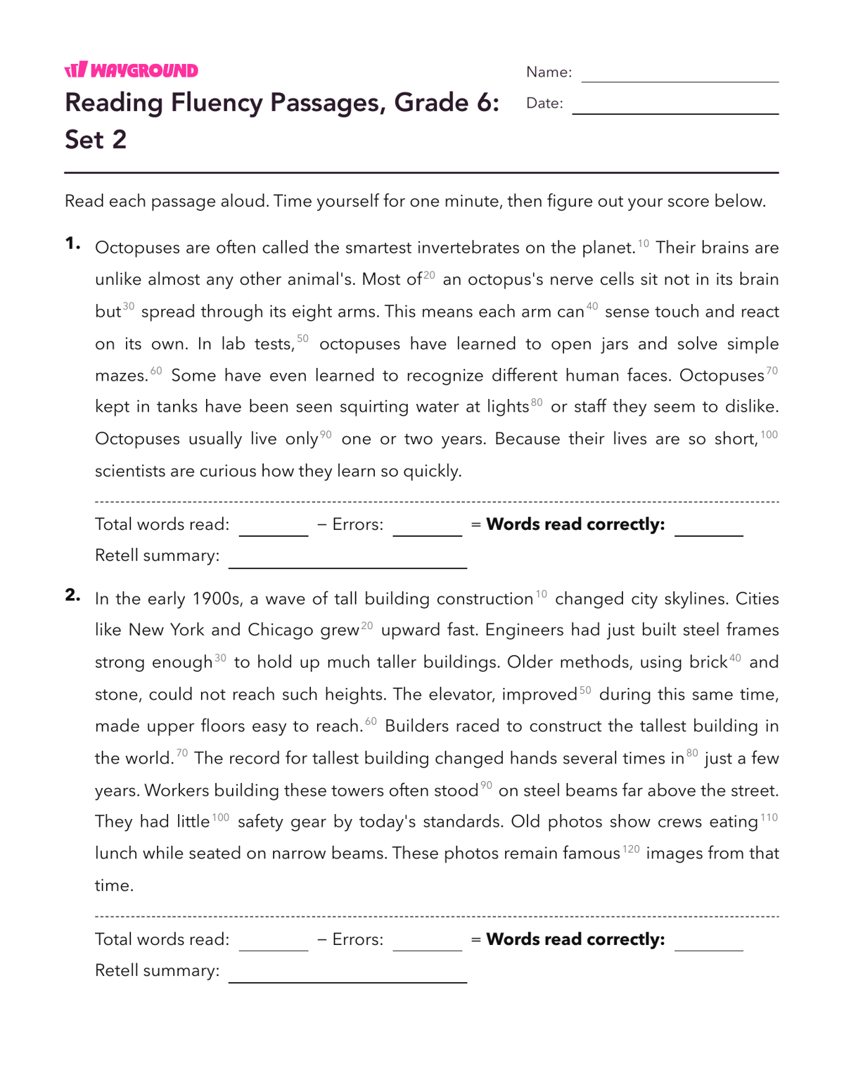 Reading Fluency Passages, Grade 6: Set 2 - Imprimible Fluidez-de-lectura Hojas-de-trabajo Grado 6 - Wayground