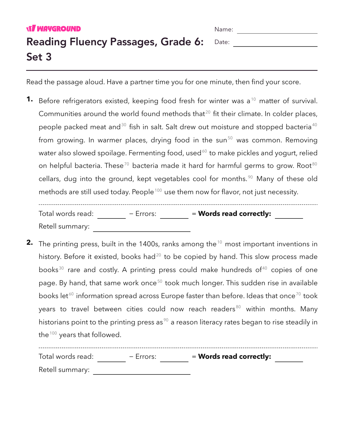 Reading Fluency Passages, Grade 6: Set 3 - Imprimible Fluidez-de-lectura Hojas-de-trabajo Grado 6 - Wayground