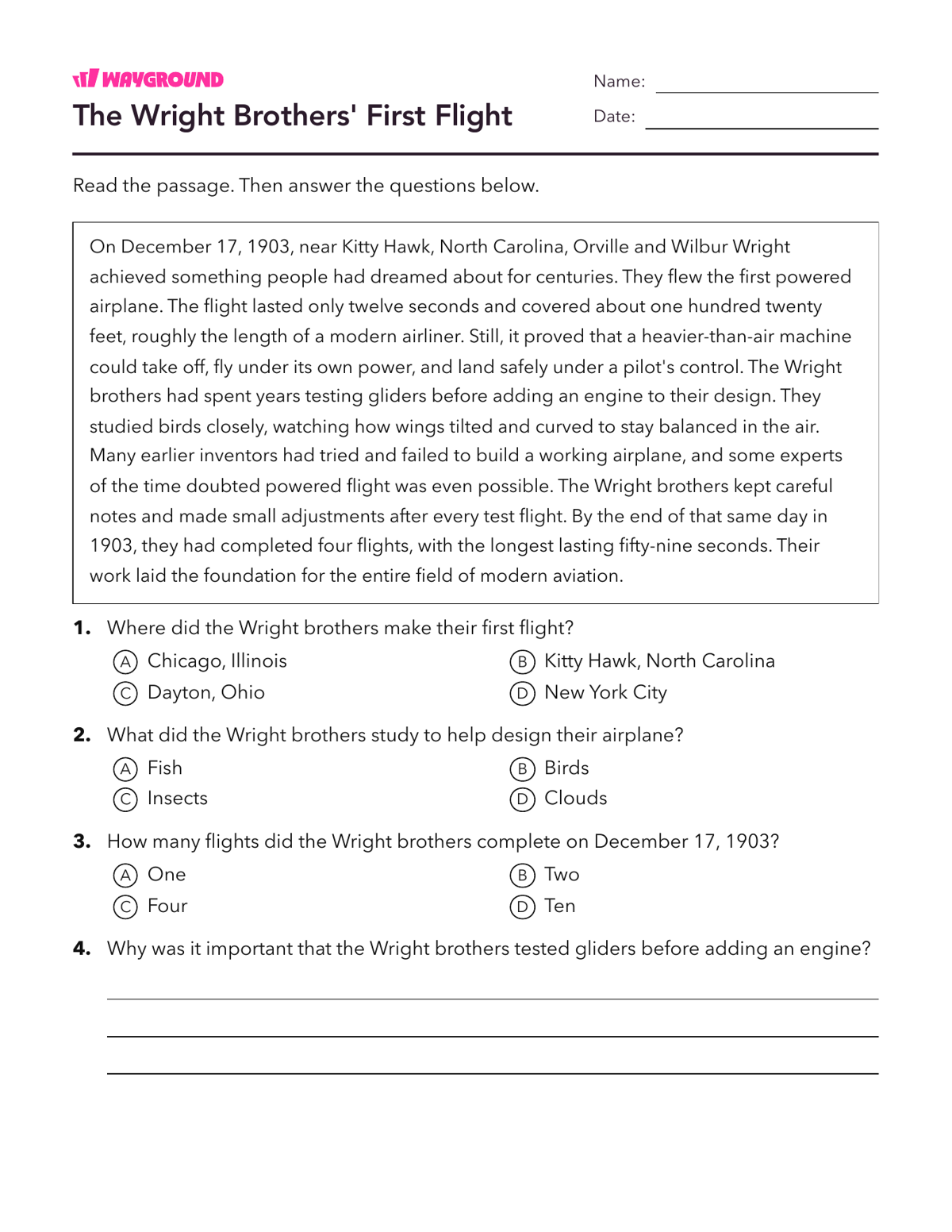 The Wright Brothers' First Flight - Imprimible Fluidez-de-lectura Hojas-de-trabajo Grado 6 - Wayground