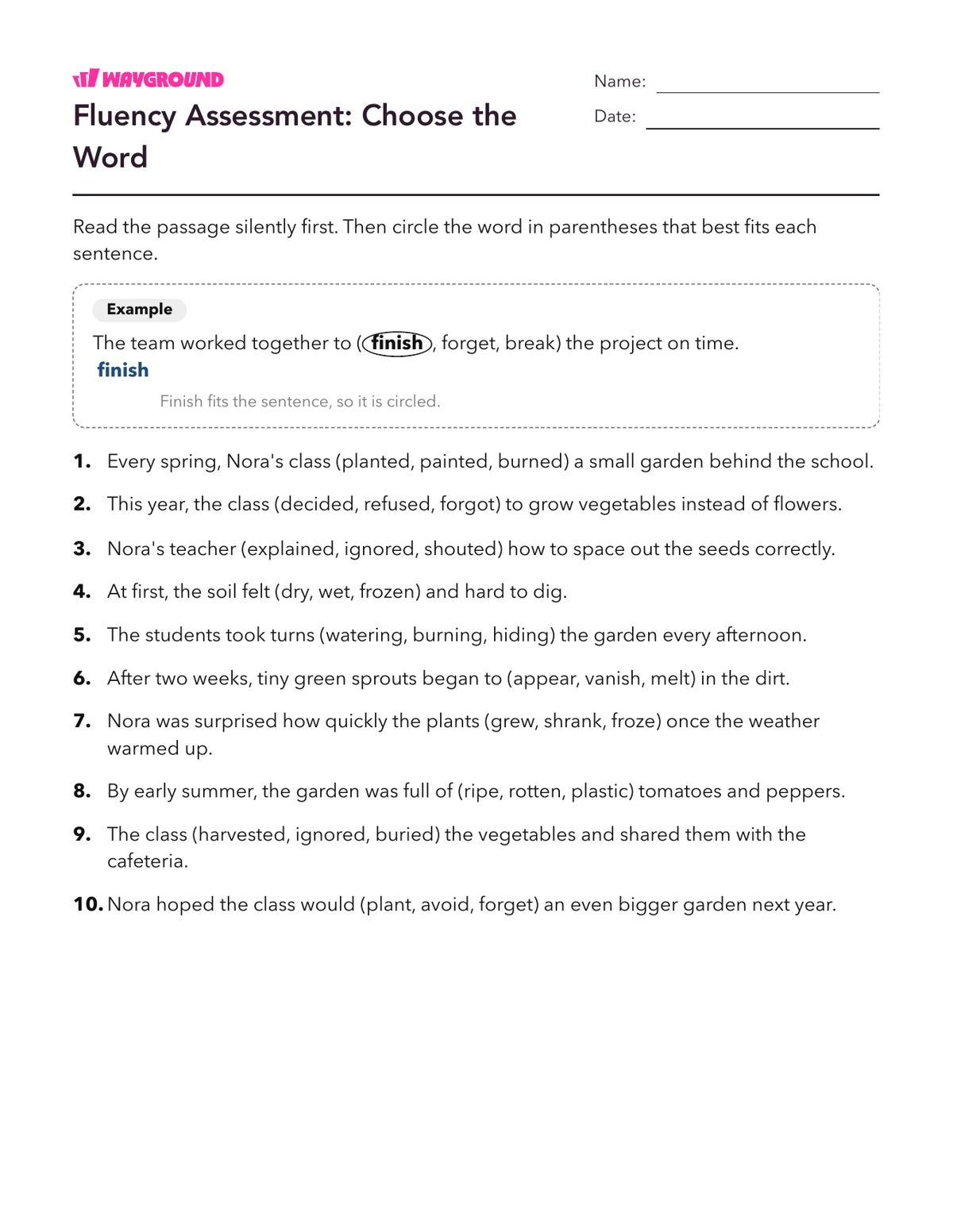 Fluency Assessment: Choose the Word - Imprimible Fluidez-de-lectura Hojas-de-trabajo Grado 6 - Wayground