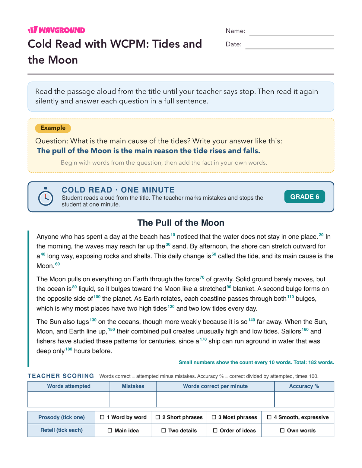 Cold Read with WCPM: Tides and the Moon - Nadający się do druku Płynność-czytania Karty-pracy Klasa 6 - Wayground