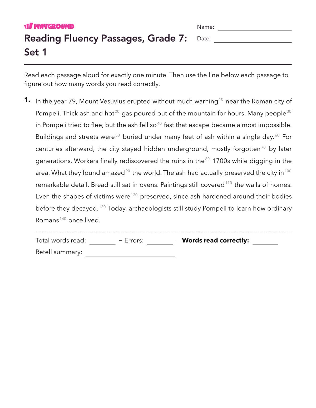 Reading Fluency Passages, Grade 7: Set 1 - Imprimible Fluidez-de-lectura Hojas-de-trabajo Grado 7 - Wayground