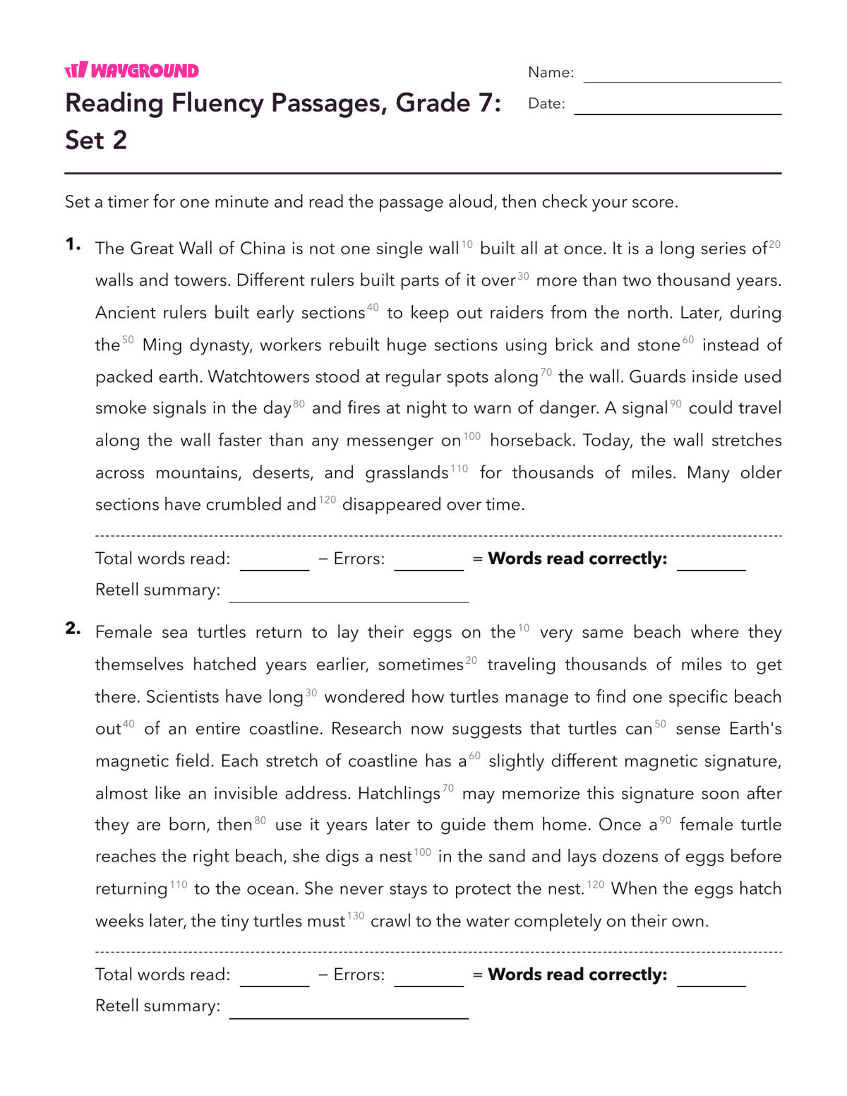 Reading Fluency Passages, Grade 7: Set 2 - Imprimible Fluidez-de-lectura Hojas-de-trabajo Grado 7 - Wayground