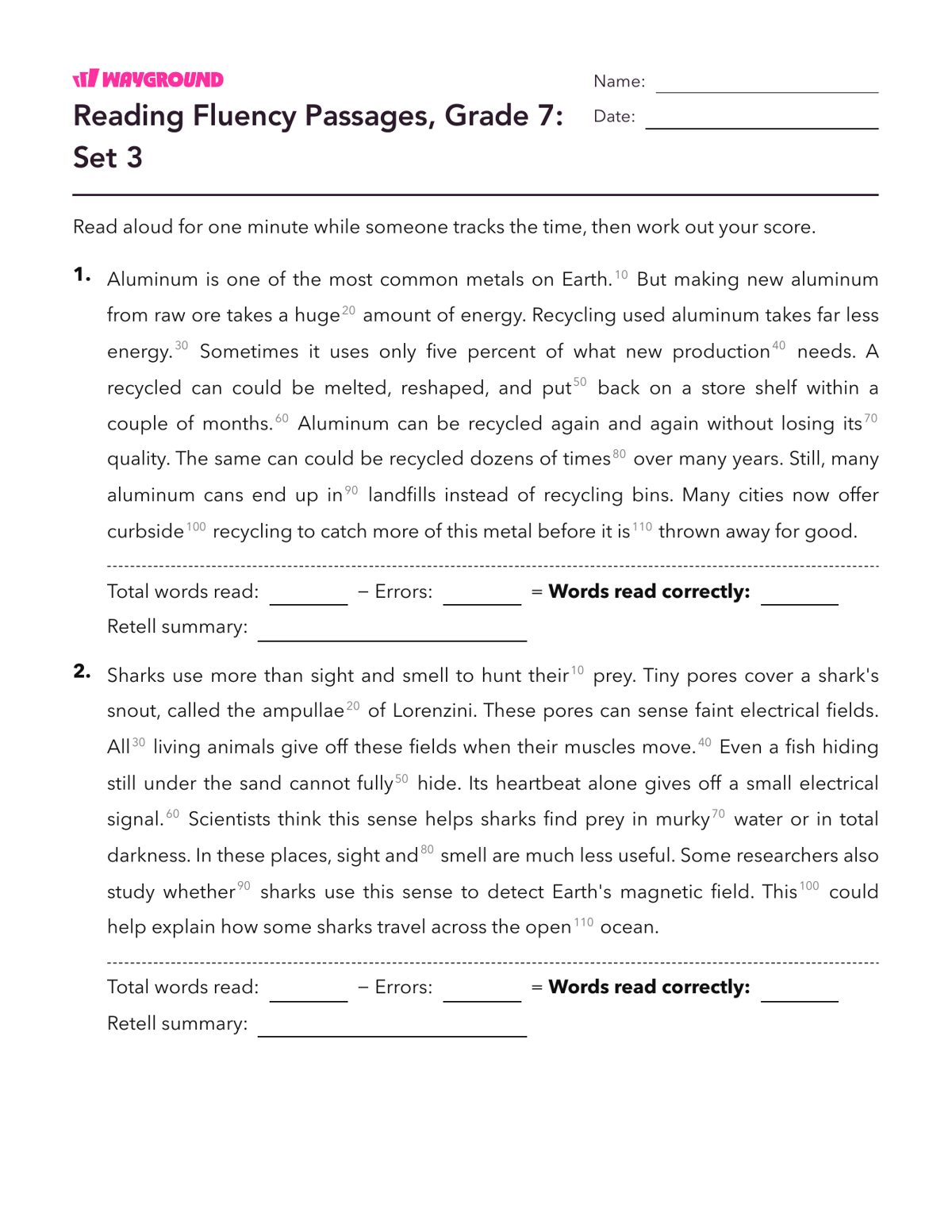 Reading Fluency Passages, Grade 7: Set 3 - Imprimible Fluidez-de-lectura Hojas-de-trabajo Grado 7 - Wayground