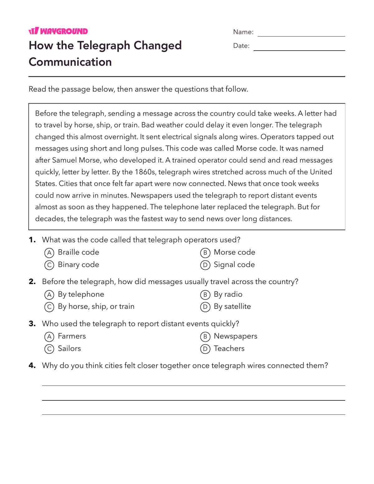 How the Telegraph Changed Communication - Imprimible Fluidez-de-lectura Hojas-de-trabajo Grado 7 - Wayground