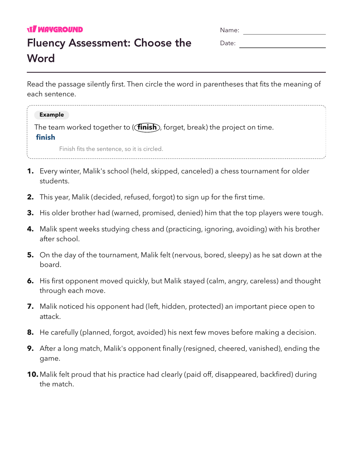 Fluency Assessment: Choose the Word - Imprimible Fluidez-de-lectura Hojas-de-trabajo Grado 7 - Wayground