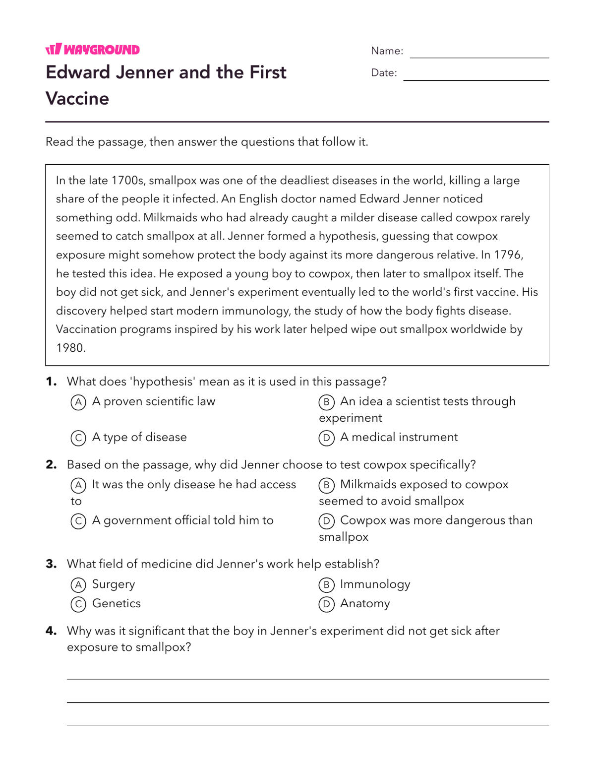 Edward Jenner and the First Vaccine - Imprimible Fluidez-de-lectura Hojas-de-trabajo Grado 8 - Wayground