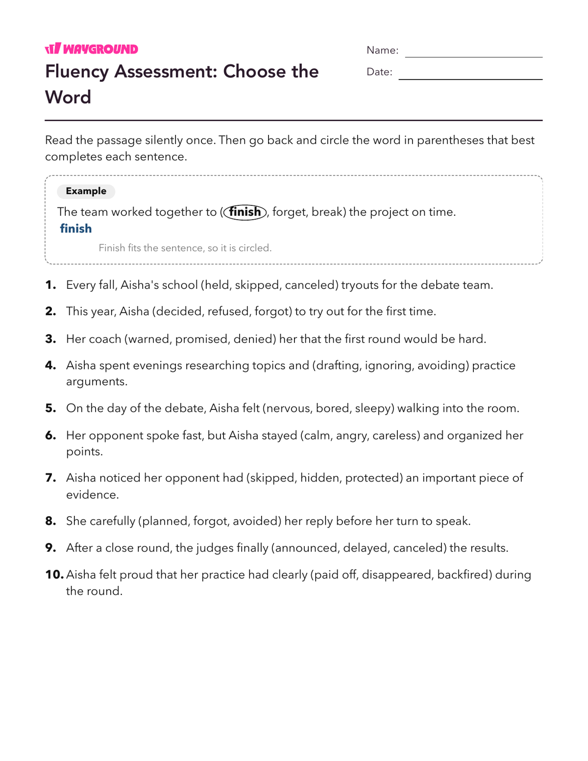Fluency Assessment: Choose the Word - Imprimible Fluidez-de-lectura Hojas-de-trabajo Grado 8 - Wayground