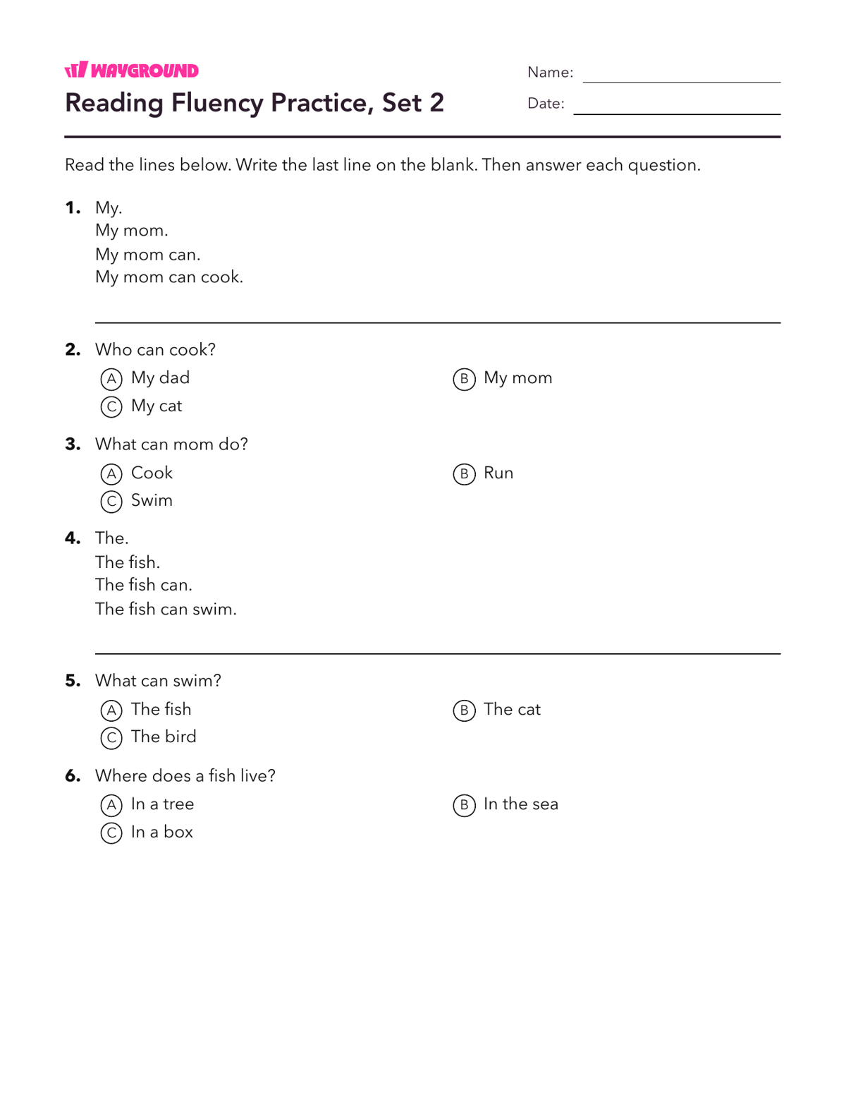 Reading Fluency Practice, Set 2 - Imprimible Fluidez-de-lectura Hojas-de-trabajo Guardería - Wayground