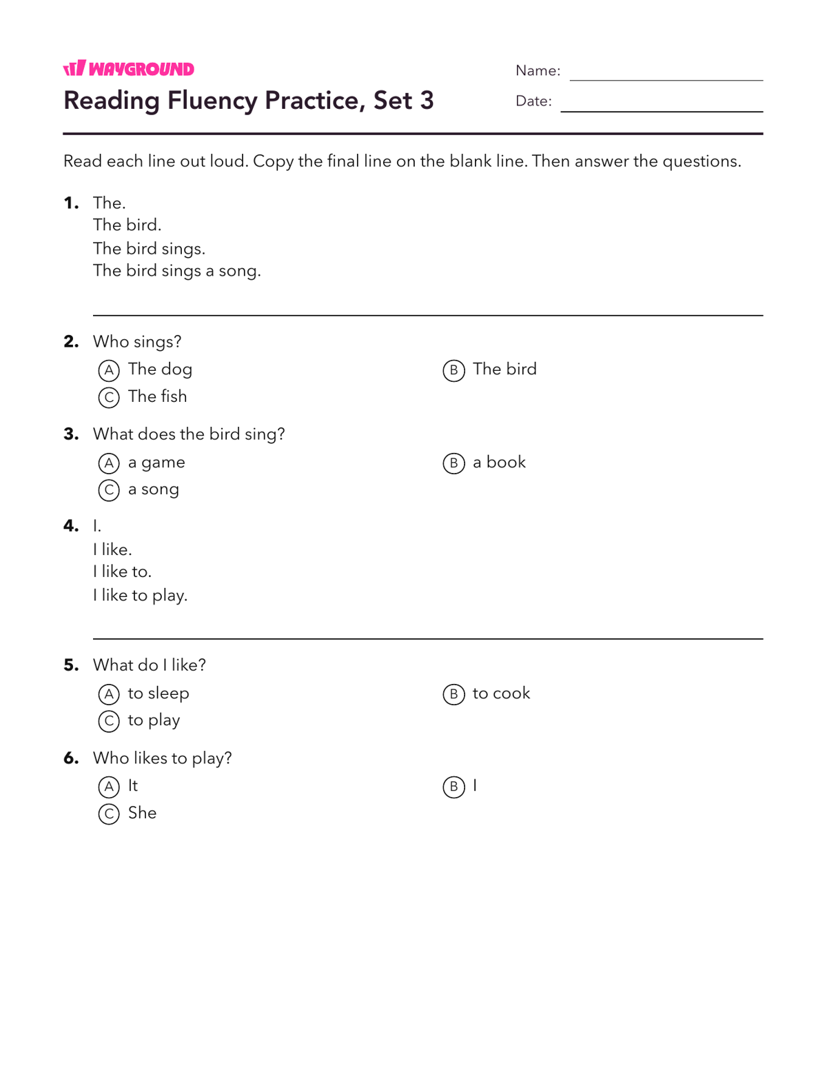 Reading Fluency Practice, Set 3 - Imprimible Fluidez-de-lectura Hojas-de-trabajo Guardería - Wayground