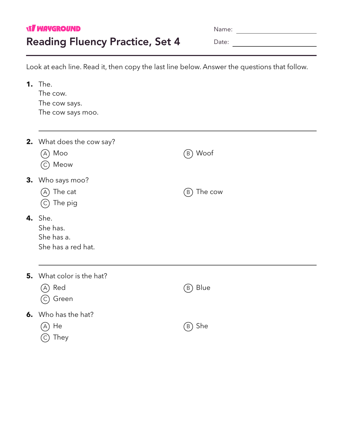 Reading Fluency Practice, Set 4 - Imprimible Fluidez-de-lectura Hojas-de-trabajo Guardería - Wayground
