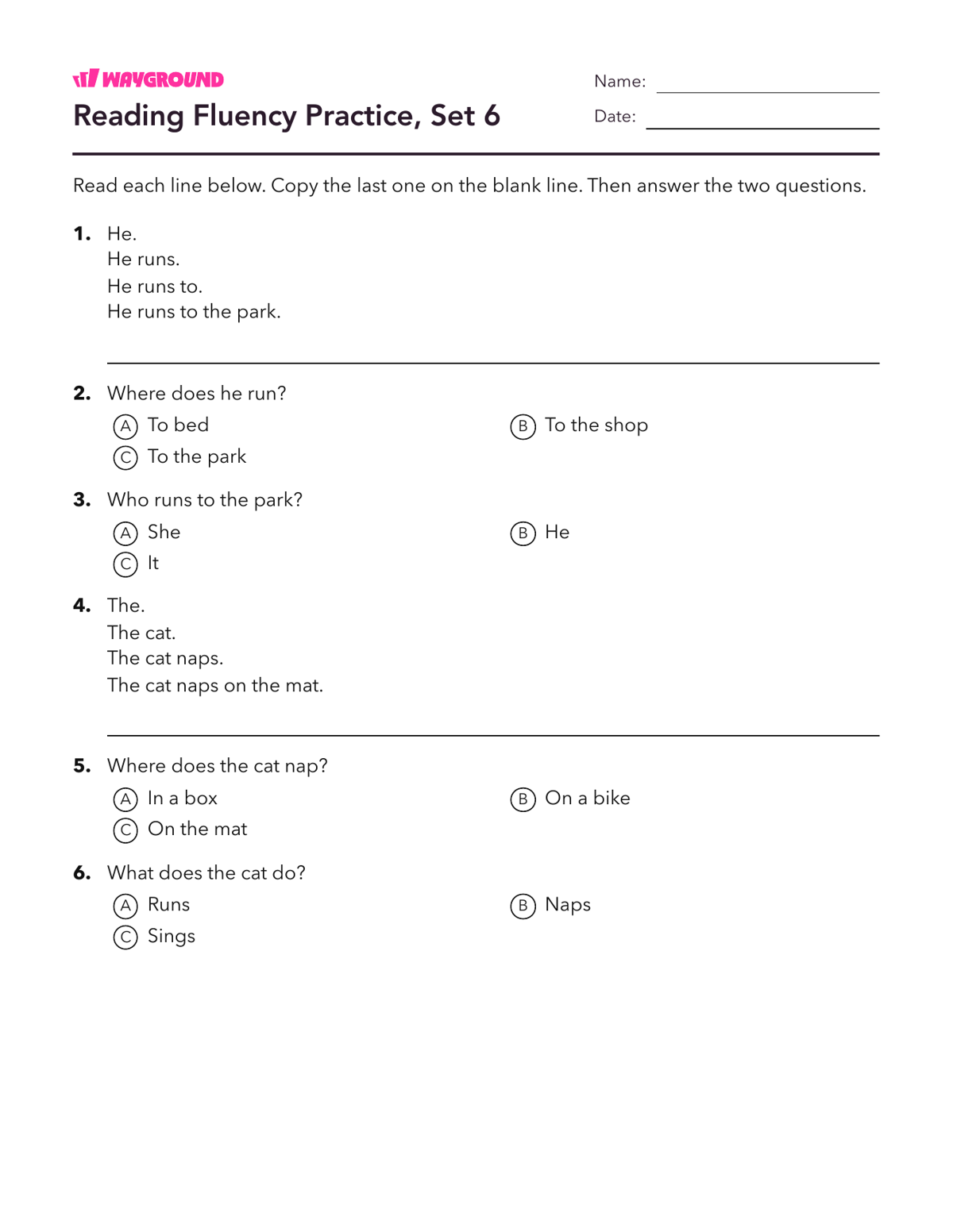 Reading Fluency Practice, Set 6 - Imprimible Fluidez-de-lectura Hojas-de-trabajo Guardería - Wayground