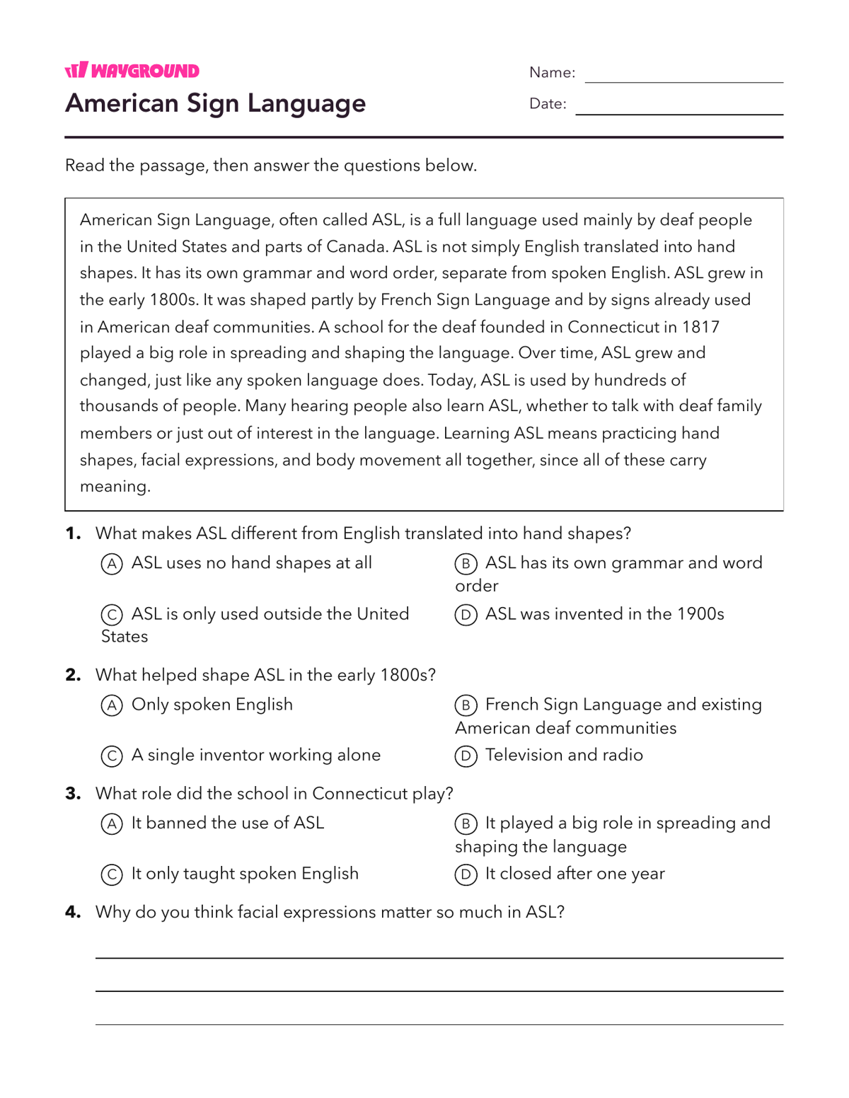 American Sign Language - Dapat dicetak Kelancaran-membaca Lembar-kerja - Wayground