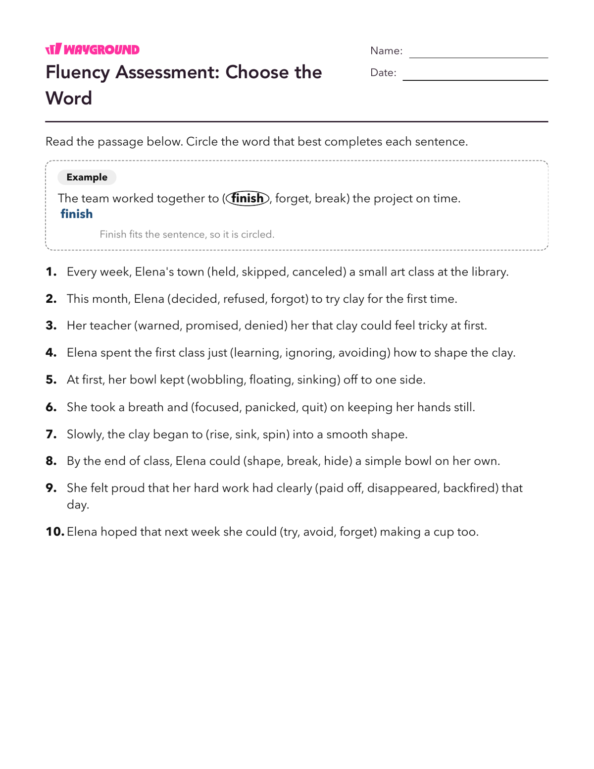 Fluency Assessment: Choose the Word - Dapat dicetak Kelancaran-membaca Lembar-kerja - Wayground