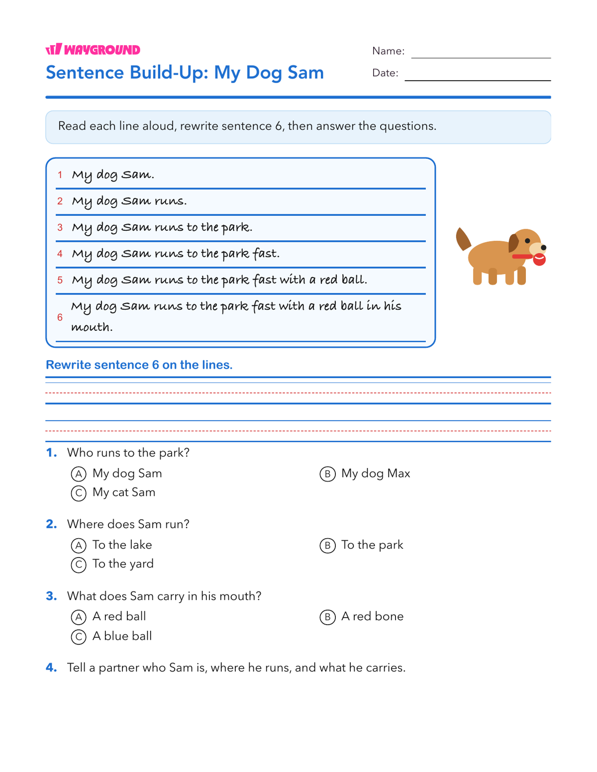 Sentence Build-Up: My Dog Sam - Imprimible Fluidez-de-lectura Hojas-de-trabajo - Wayground