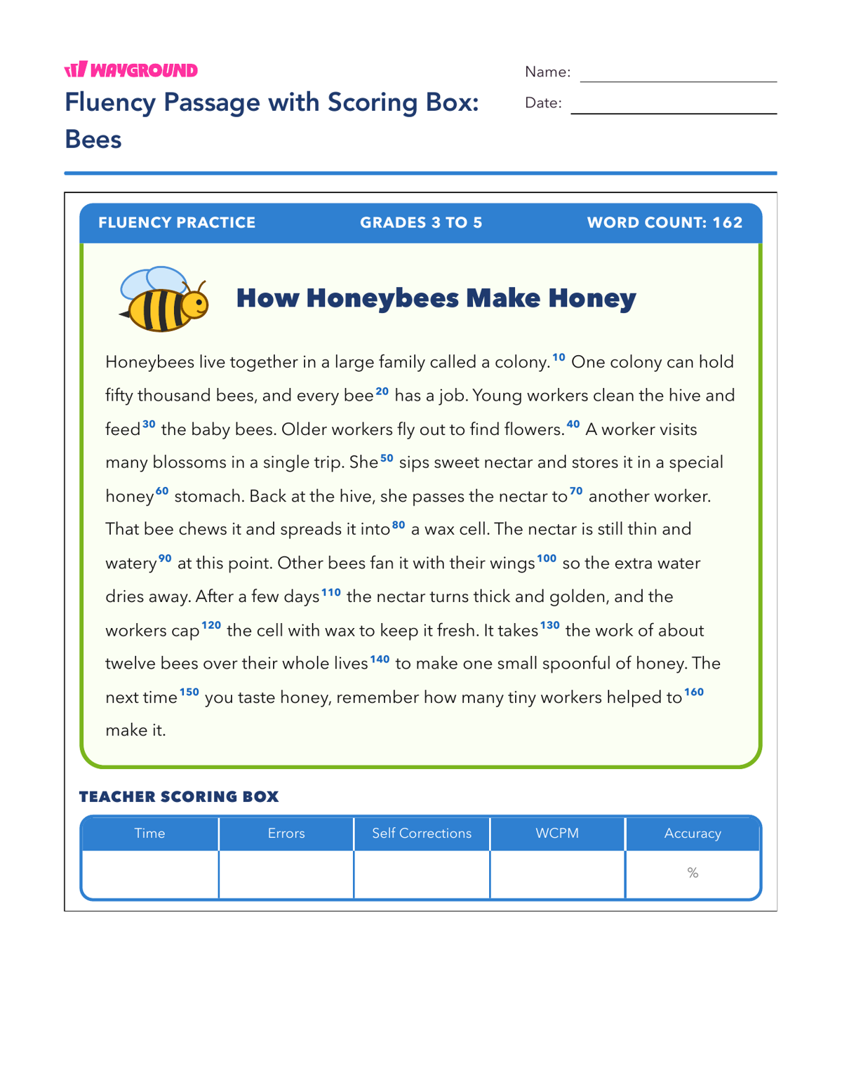 Fluency Passage with Scoring Box: Bees - Imprimible Fluidez-de-lectura Hojas-de-trabajo - Wayground