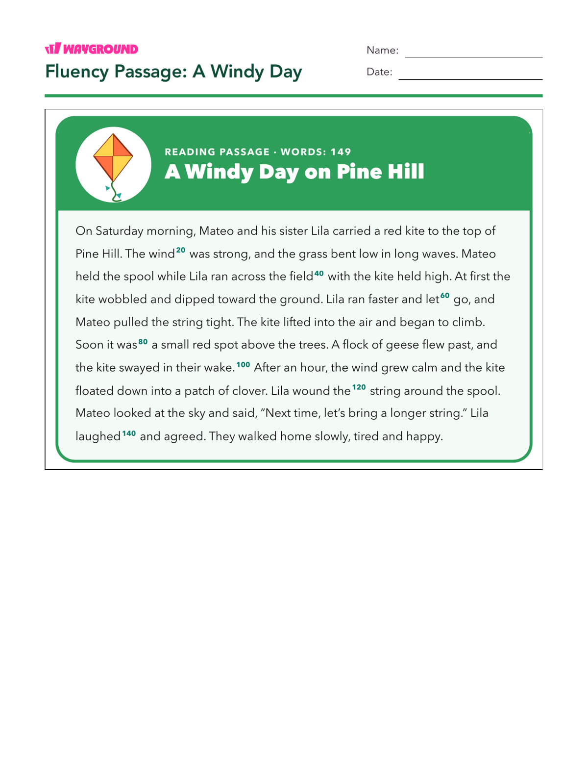 Fluency Passage: A Windy Day - Imprimible Fluidez-de-lectura Hojas-de-trabajo - Wayground