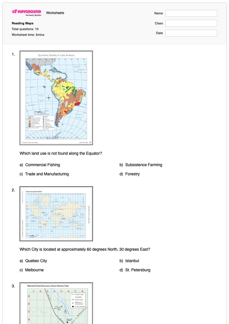 Reading Maps - พิมพ์ได้ การอ่านแผนที่ภูมิประเทศ เวิร์กชีท ระดับ 8 - Wayground