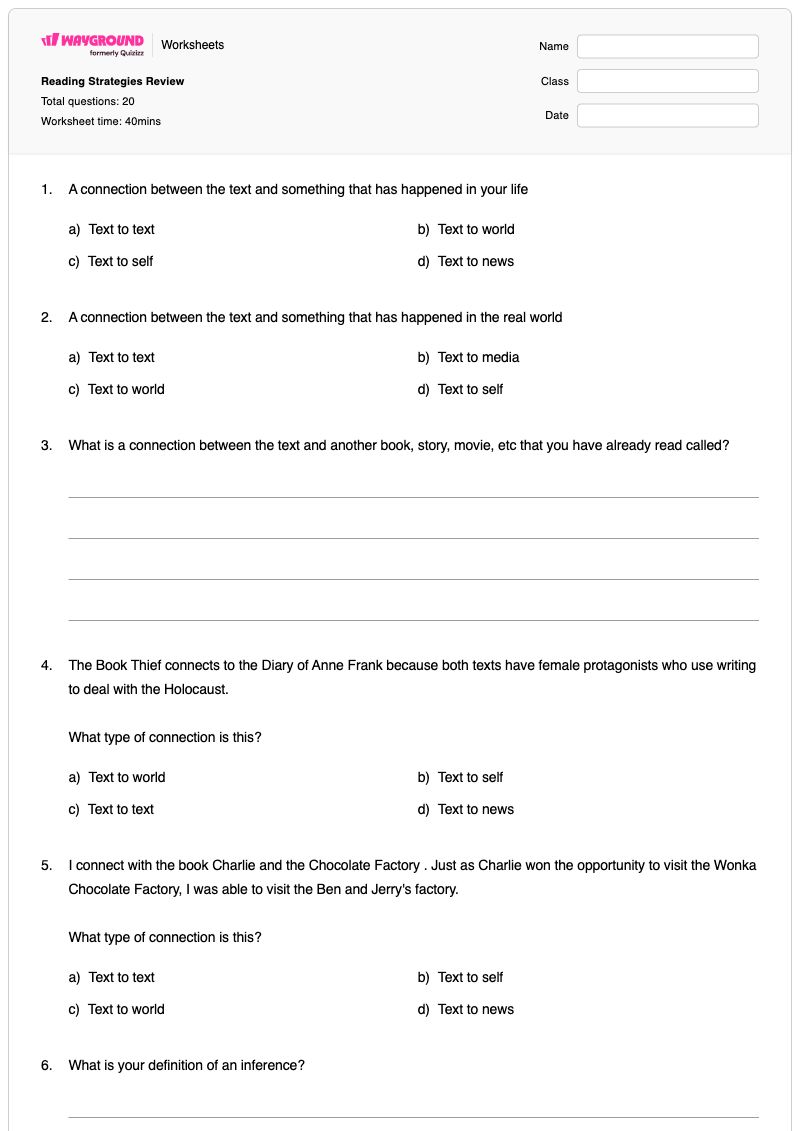 Reading Strategies Review - พิมพ์ได้ กลยุทธ์การค้นหาคำศัพท์ เวิร์กชีท โรงเรียนอนุบาล - Wayground