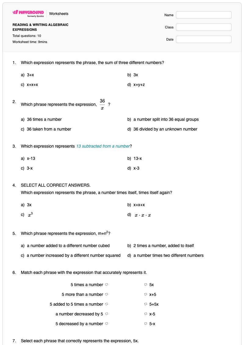 READING & WRITING ALGEBRAIC EXPRESSIONS - พิมพ์ได้ Reading-charts เวิร์กชีท ระดับ 6 - Wayground