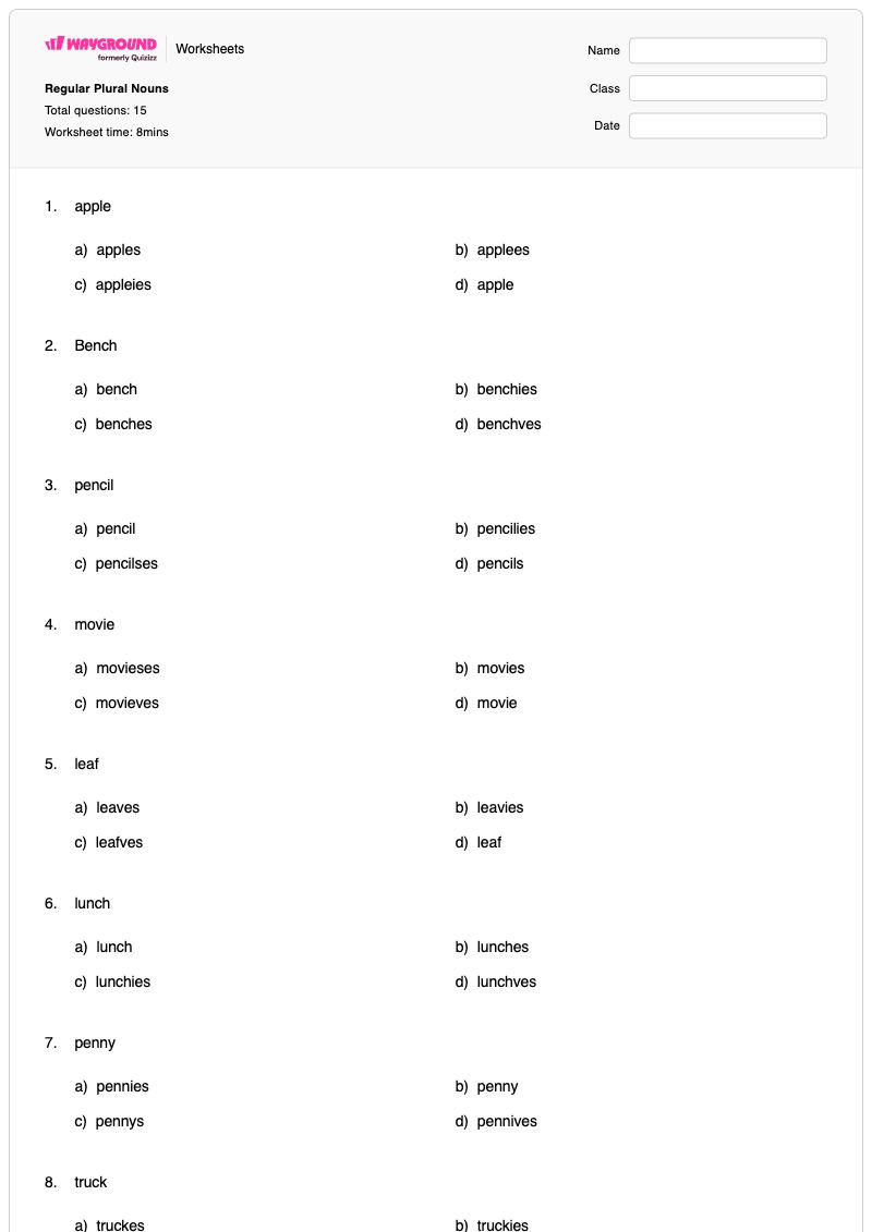Regular Plural Nouns - พิมพ์ได้ กฎการใช้คำพหูพจน์ เวิร์กชีท ระดับ 2 - Wayground