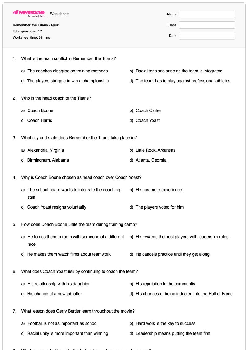 Remember the Titans - Quiz - พิมพ์ได้ Historical-accomplishments เวิร์กชีท ระดับ 10 - Wayground