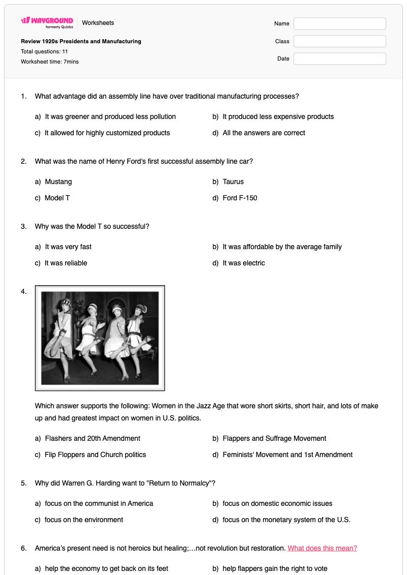 Review 1920s Presidents and  Manufacturing  - พิมพ์ได้ Presidents-of-the-united-states เวิร์กชีท ระดับ 11 - Wayground