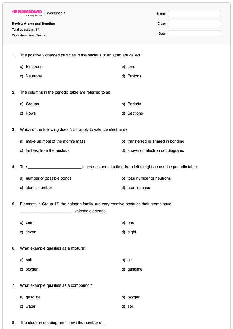 Review Atoms and Bonding - พิมพ์ได้ การสร้างอะตอม เวิร์กชีท ระดับ 7 - Wayground