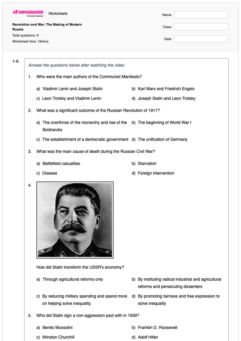 Revolution and War: The Making of Modern Russia - Printable Winston-churchill Worksheets Year 9 - Wayground