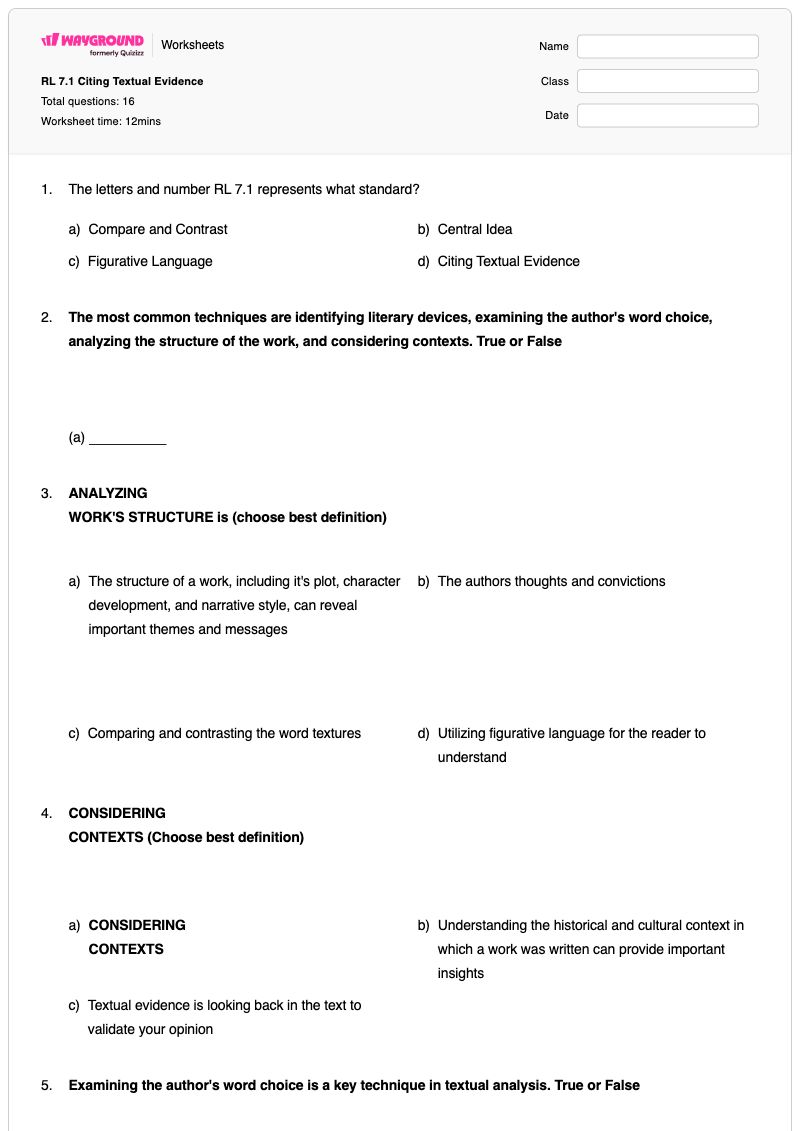 RL 7.1 Citing Textual Evidence - พิมพ์ได้ การอ้างอิงหลักฐานจากข้อความ เวิร์กชีท - Wayground