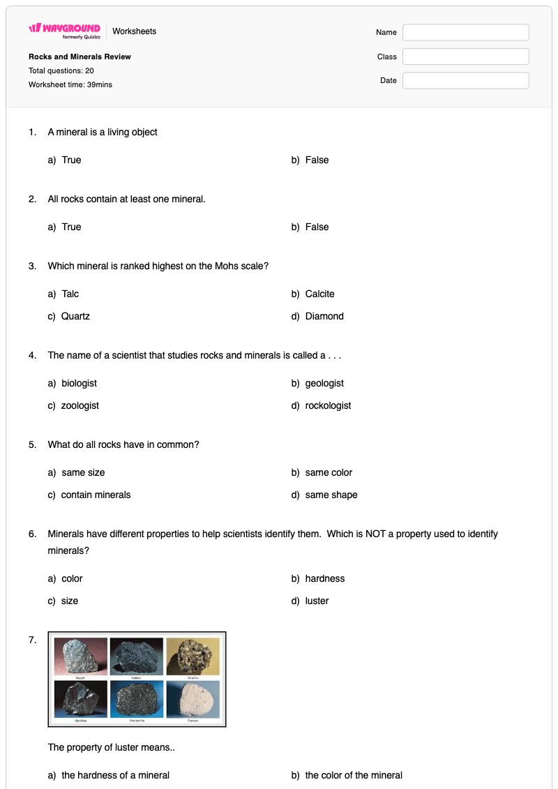 Rocks and Minerals Review - พิมพ์ได้ Rocks-and-minerals เวิร์กชีท ระดับ 3 - Wayground