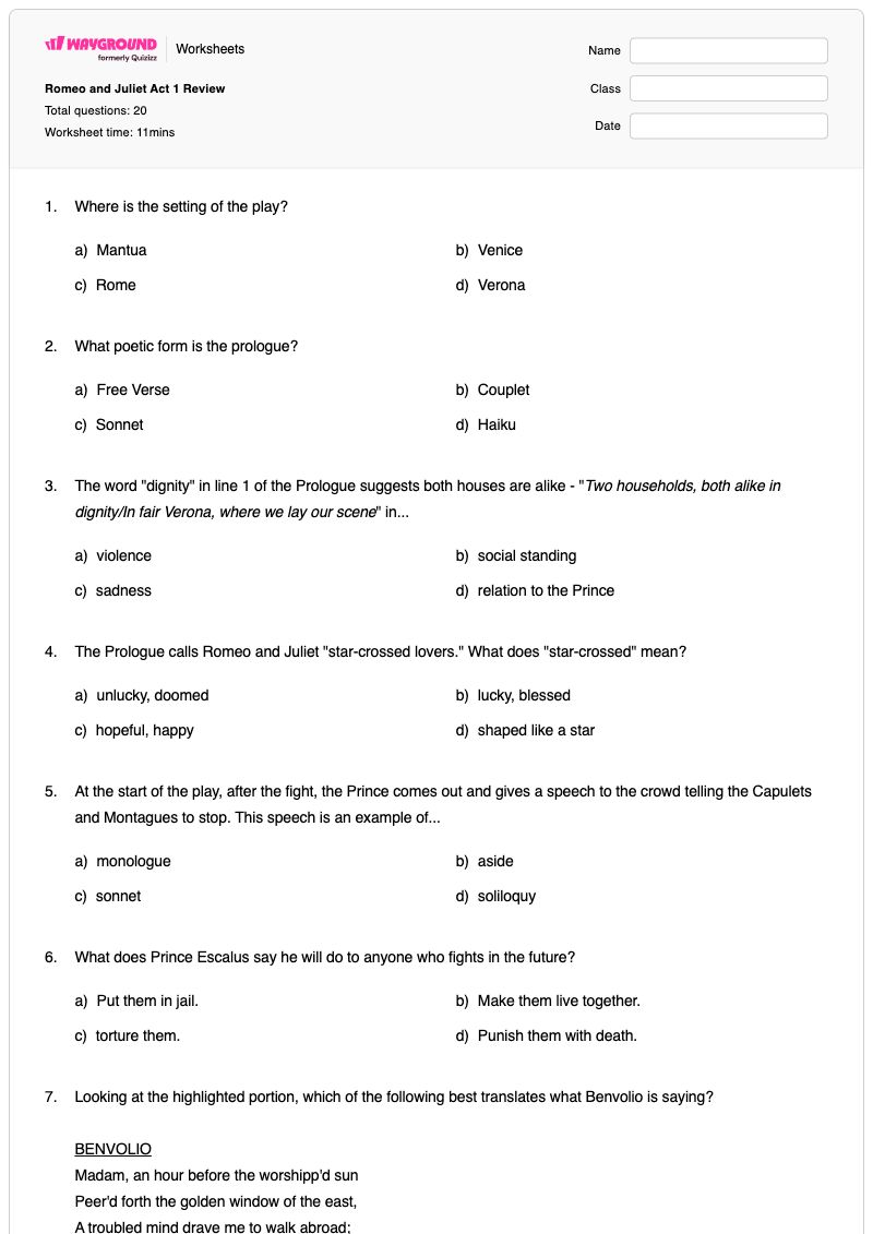 Romeo and Juliet Act 1 Review - พิมพ์ได้ Peer-review เวิร์กชีท ระดับ 9 - Wayground
