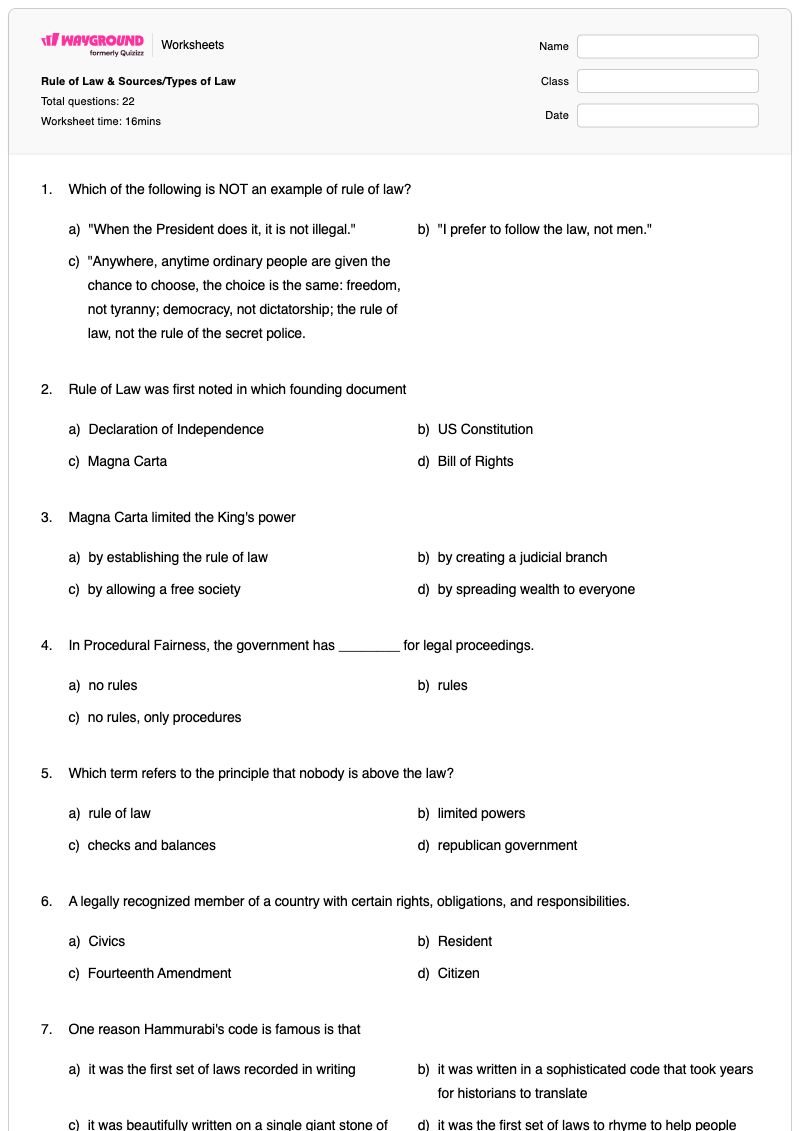 Rule of Law & Sources/Types of Law - Printable Magna-carta Worksheets Grade 8 - Wayground