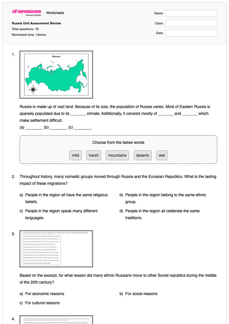 Russia Unit Assessment Review  - พิมพ์ได้ ความสำเร็จทางประวัติศาสตร์ เวิร์กชีท ระดับ 7 - Wayground