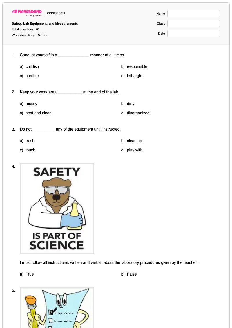 Safety, Lab Equipment, and Measurements - พิมพ์ได้ อุปกรณ์ด้านความปลอดภัย เวิร์กชีท ระดับ 9 - Wayground