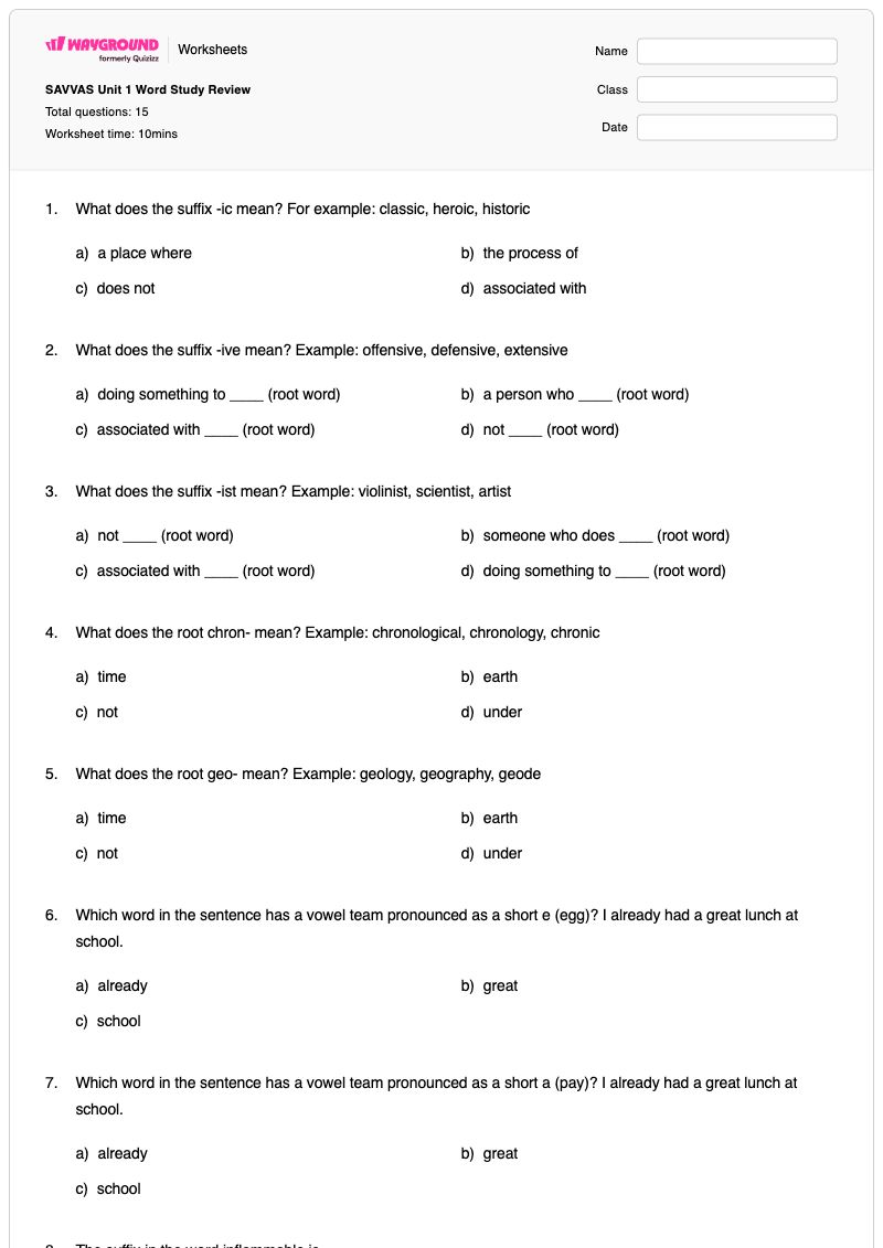 SAVVAS Unit 1 Word Study Review - Printable Determining-meaning-using-roots-prefixes-and-suffixes Worksheets - Wayground