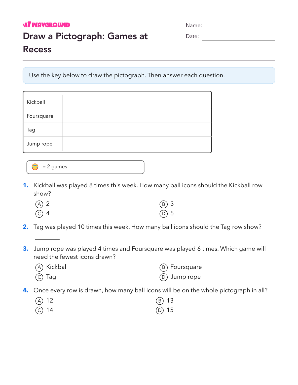Draw a Pictograph: Games at Recess - Nadający się do druku Scaled-pictographs Worksheets Grade 3 - Wayground