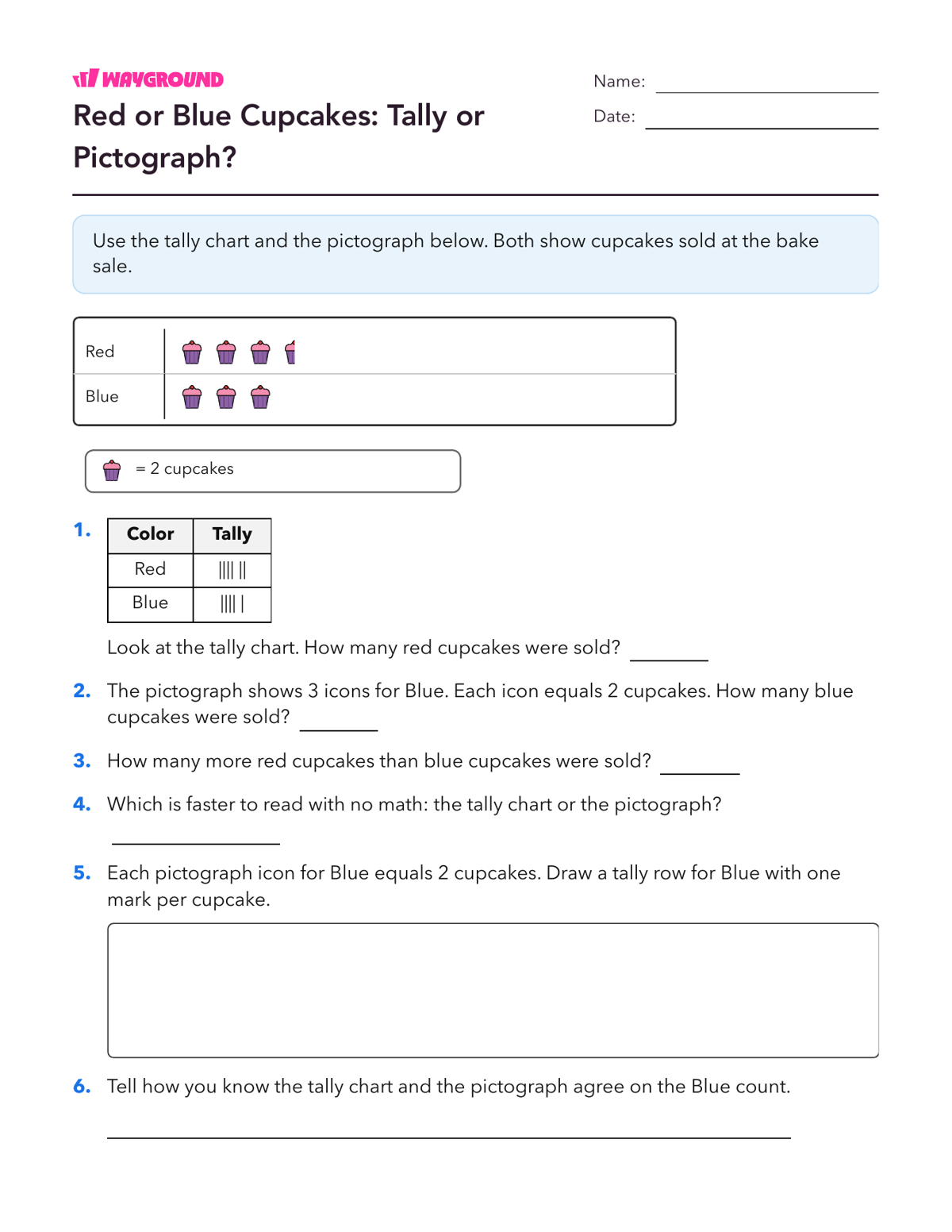 Red or Blue Cupcakes: Tally or Pictograph? - Nadający się do druku Scaled-pictographs Worksheets Grade 3 - Wayground