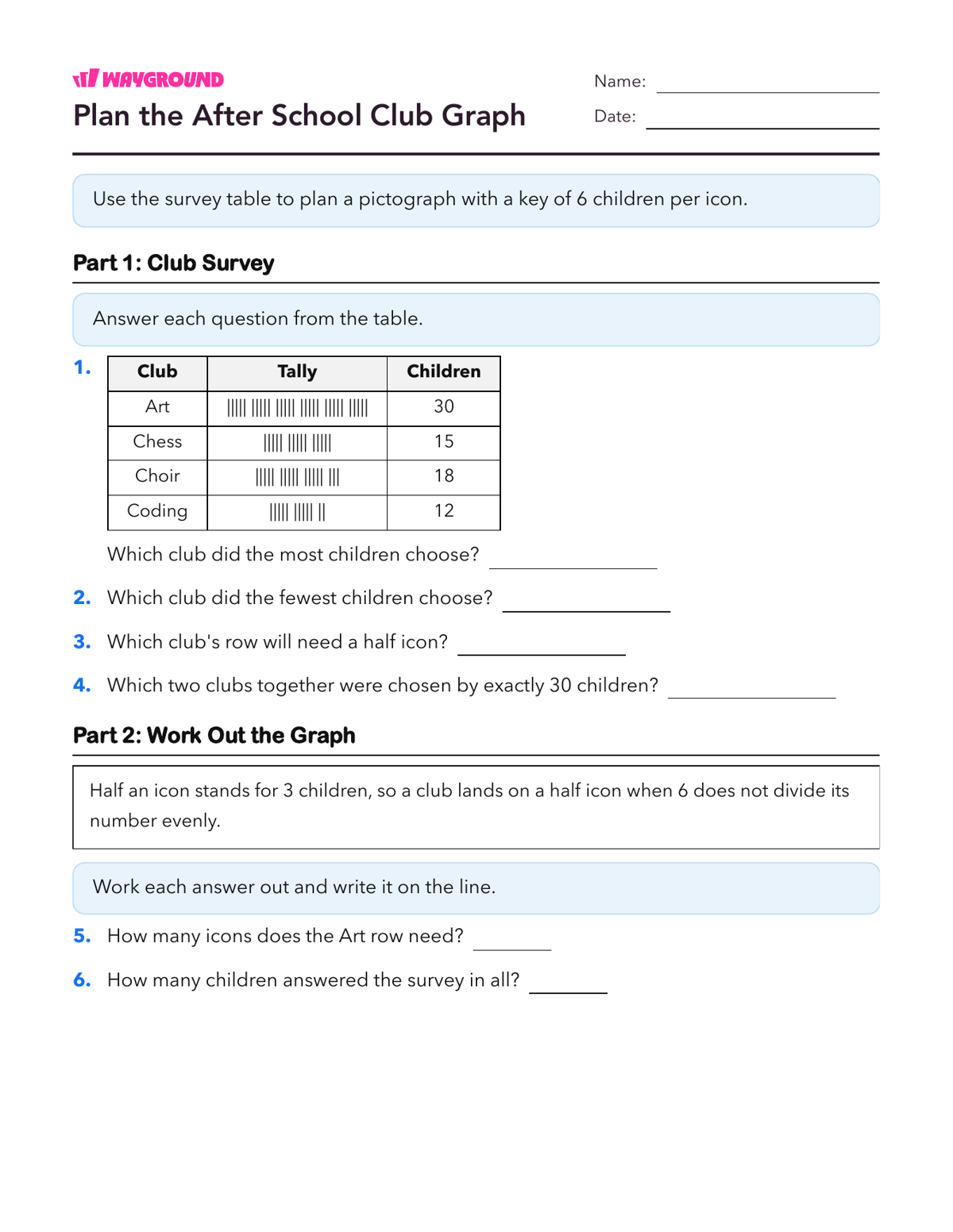 Plan the After School Club Graph - Imprimible Scaled-pictographs Worksheets Grade 5 - Wayground