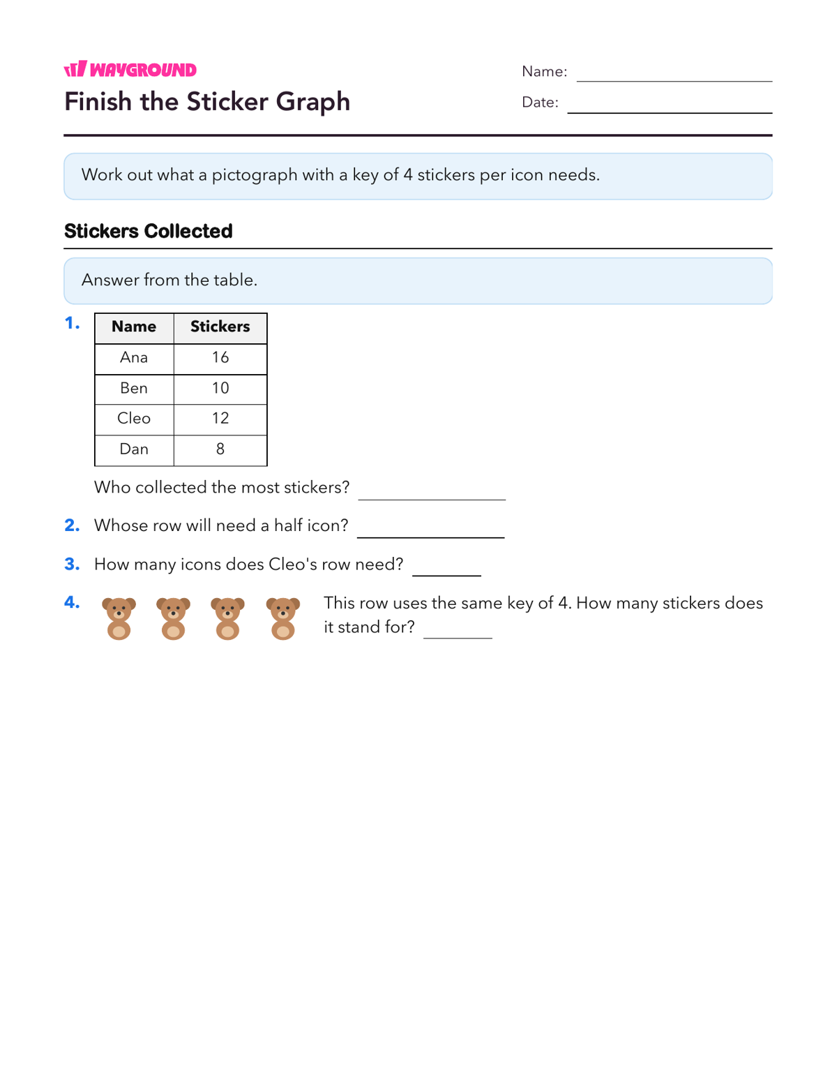Finish the Sticker Graph - Imprimible Scaled-pictographs Worksheets Grade 5 - Wayground