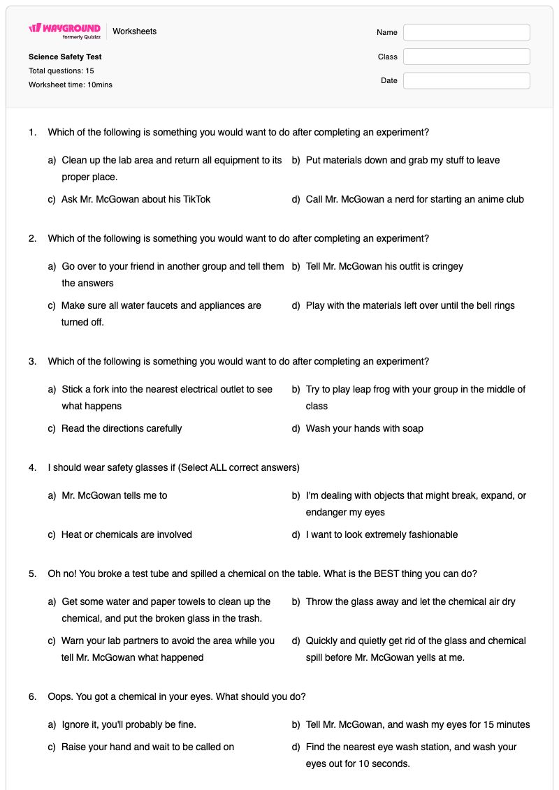 Science Safety Test - พิมพ์ได้ อุปกรณ์ด้านความปลอดภัย เวิร์กชีท ระดับ 8 - Wayground