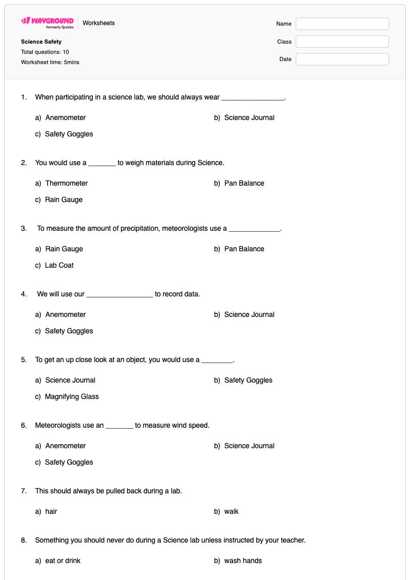 Science Safety  - พิมพ์ได้ อุปกรณ์ด้านความปลอดภัย เวิร์กชีท ระดับ 3 - Wayground
