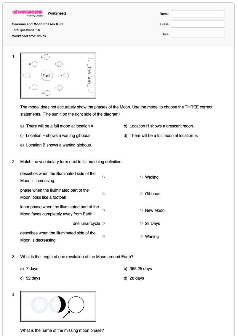 Seasons and Moon Phases Quiz - พิมพ์ได้ ข้างขึ้นข้างแรมของดวงจันทร์ เวิร์กชีท - Wayground