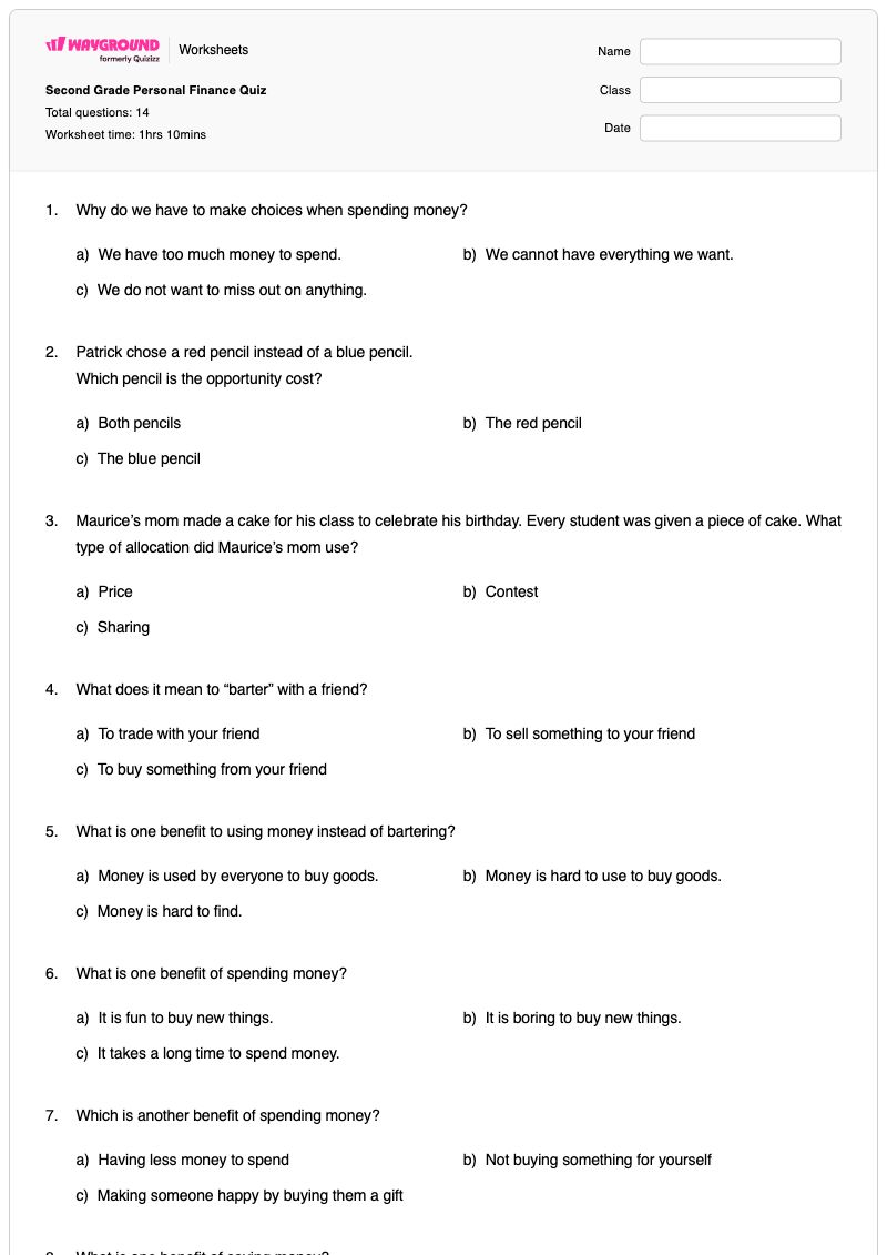 Second Grade Personal Finance Quiz - Printable Family-finances Worksheets Class 2 - Wayground