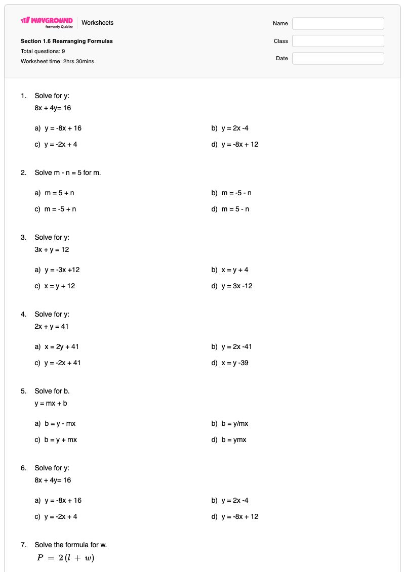 Section 1.6 Rearranging Formulas  - พิมพ์ได้ การจัดเรียงสูตรใหม่ เวิร์กชีท ระดับ 9 - Wayground